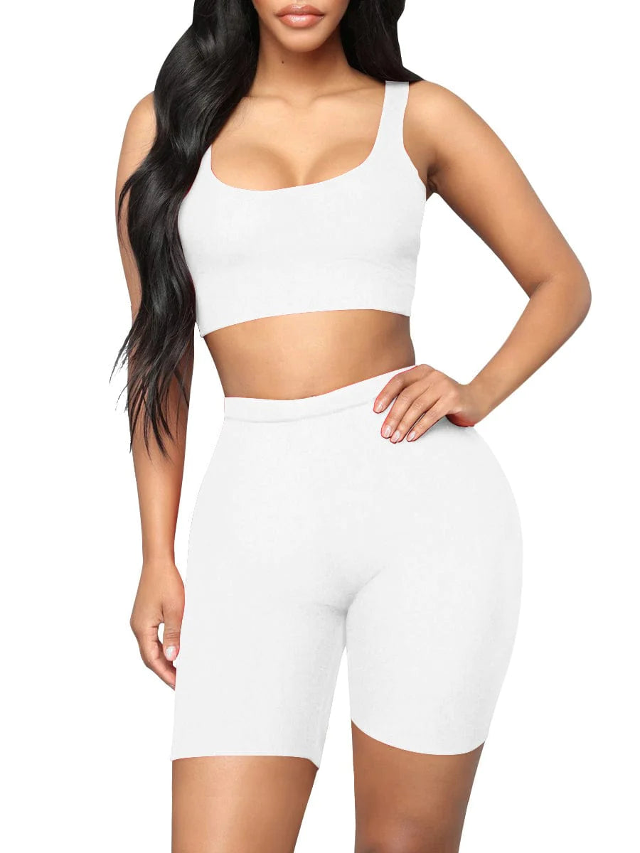 Women's Yoga Ribbed Short Sleeveless Crop Top and  Biker Shorts Two Piece Gym Set