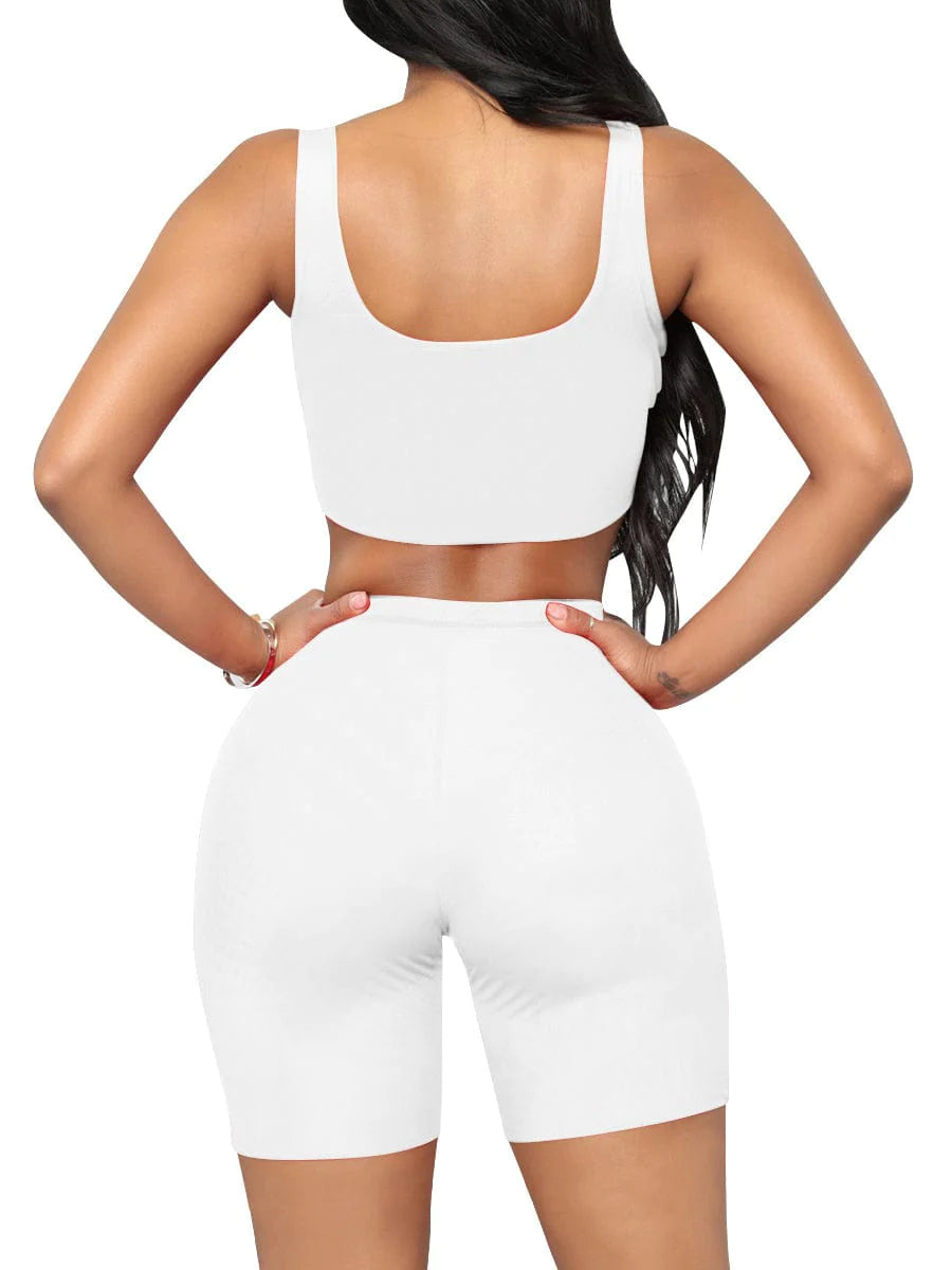 Women's Yoga Ribbed Short Sleeveless Crop Top and  Biker Shorts Two Piece Gym Set