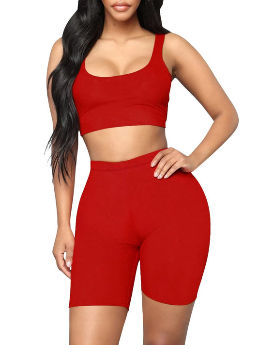 Women's Yoga Ribbed Short Sleeveless Crop Top and  Biker Shorts Two Piece Gym Set
