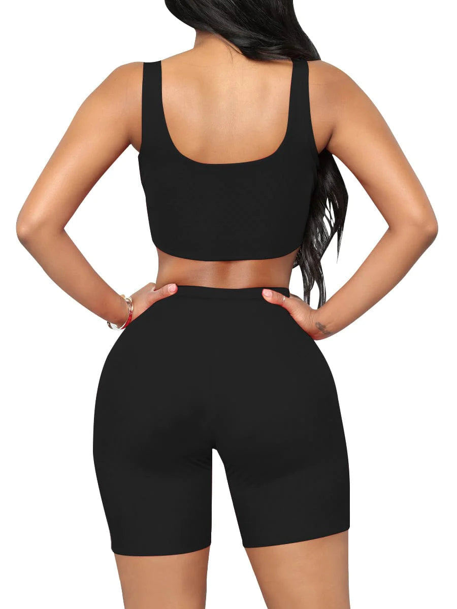 Women's Yoga Ribbed Short Sleeveless Crop Top and  Biker Shorts Two Piece Gym Set