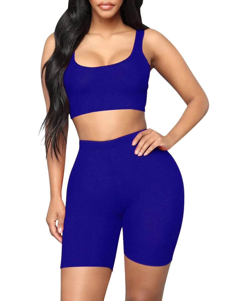 Women's Yoga Ribbed Short Sleeveless Crop Top and  Biker Shorts Two Piece Gym Set