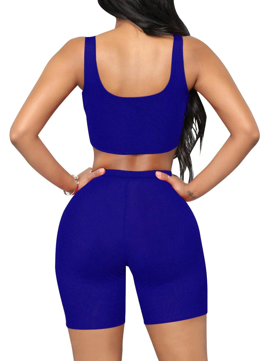 Women's Yoga Ribbed Short Sleeveless Crop Top and  Biker Shorts Two Piece Gym Set