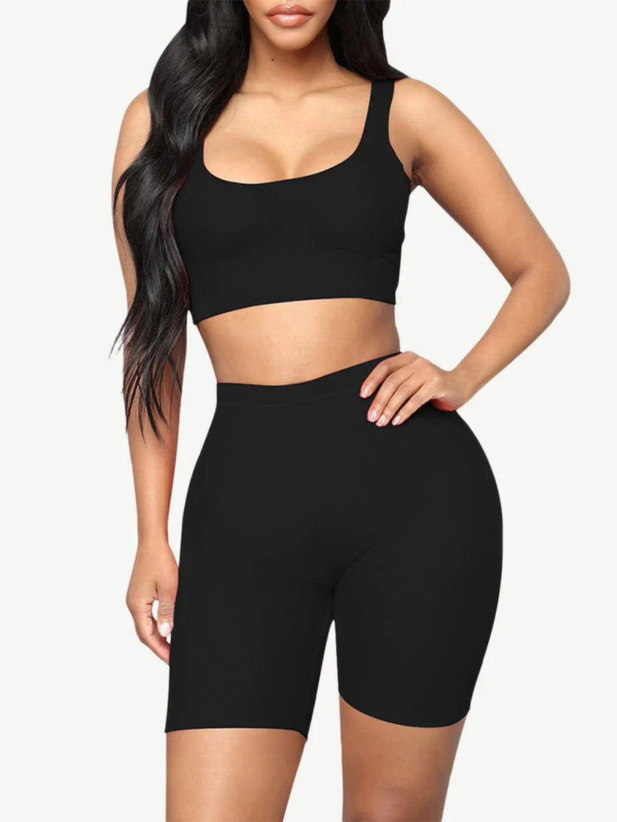 Women's Yoga Ribbed Short Sleeveless Crop Top and  Biker Shorts Two Piece Gym Set