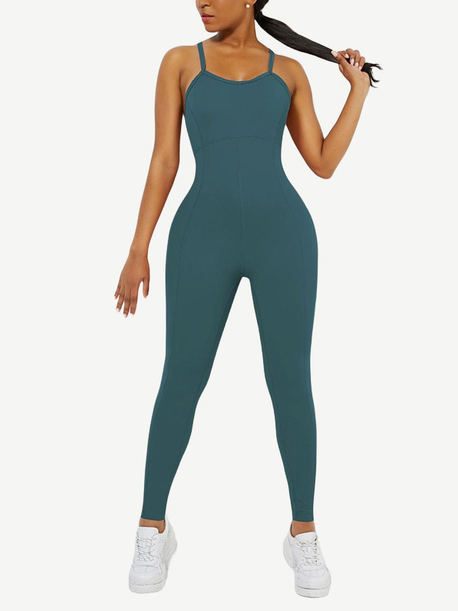 Strappy Back Removable Pads Yoga Workout Bodysuit For Women