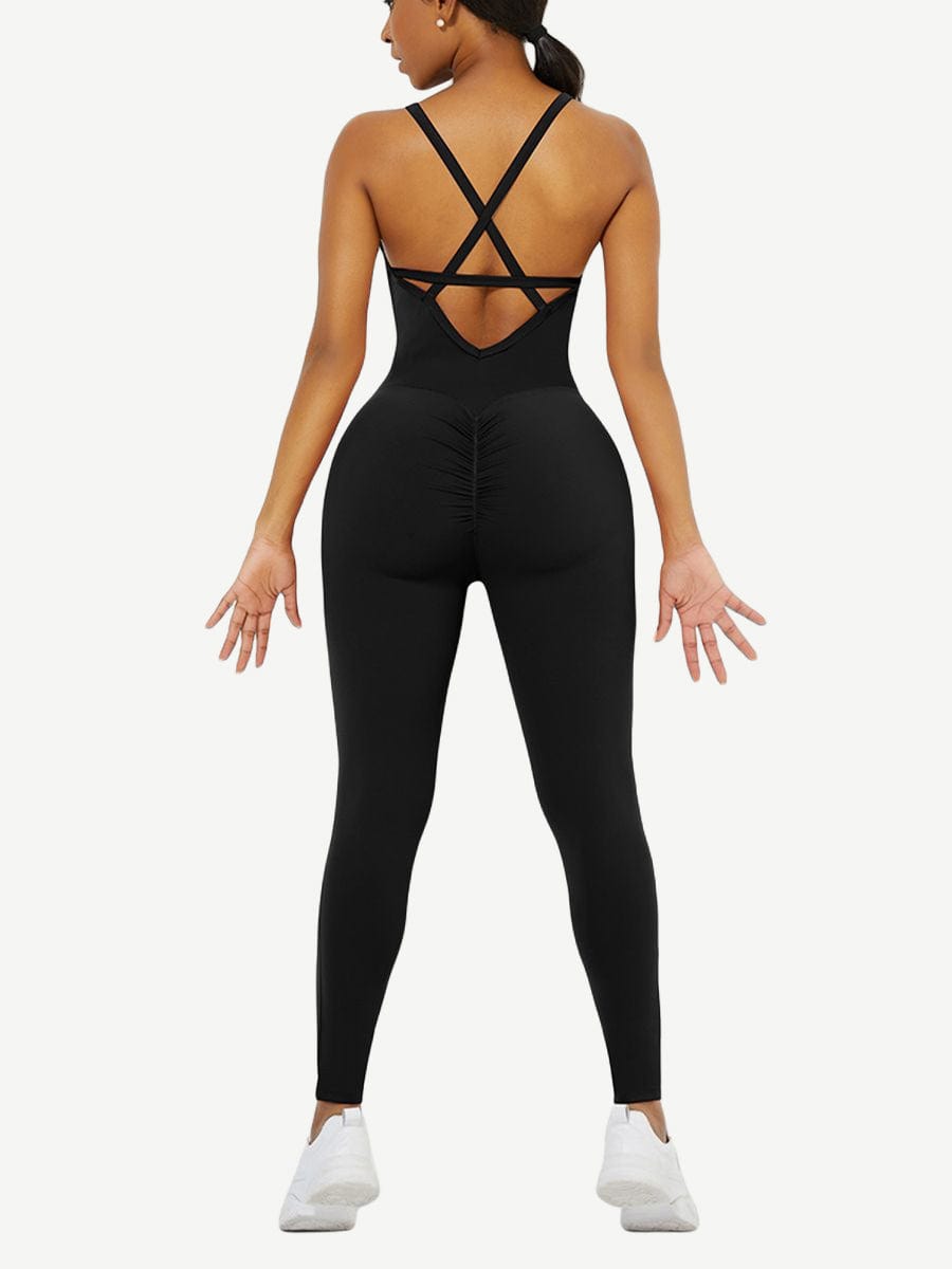Strappy Back Removable Pads Yoga Workout Bodysuit For Women