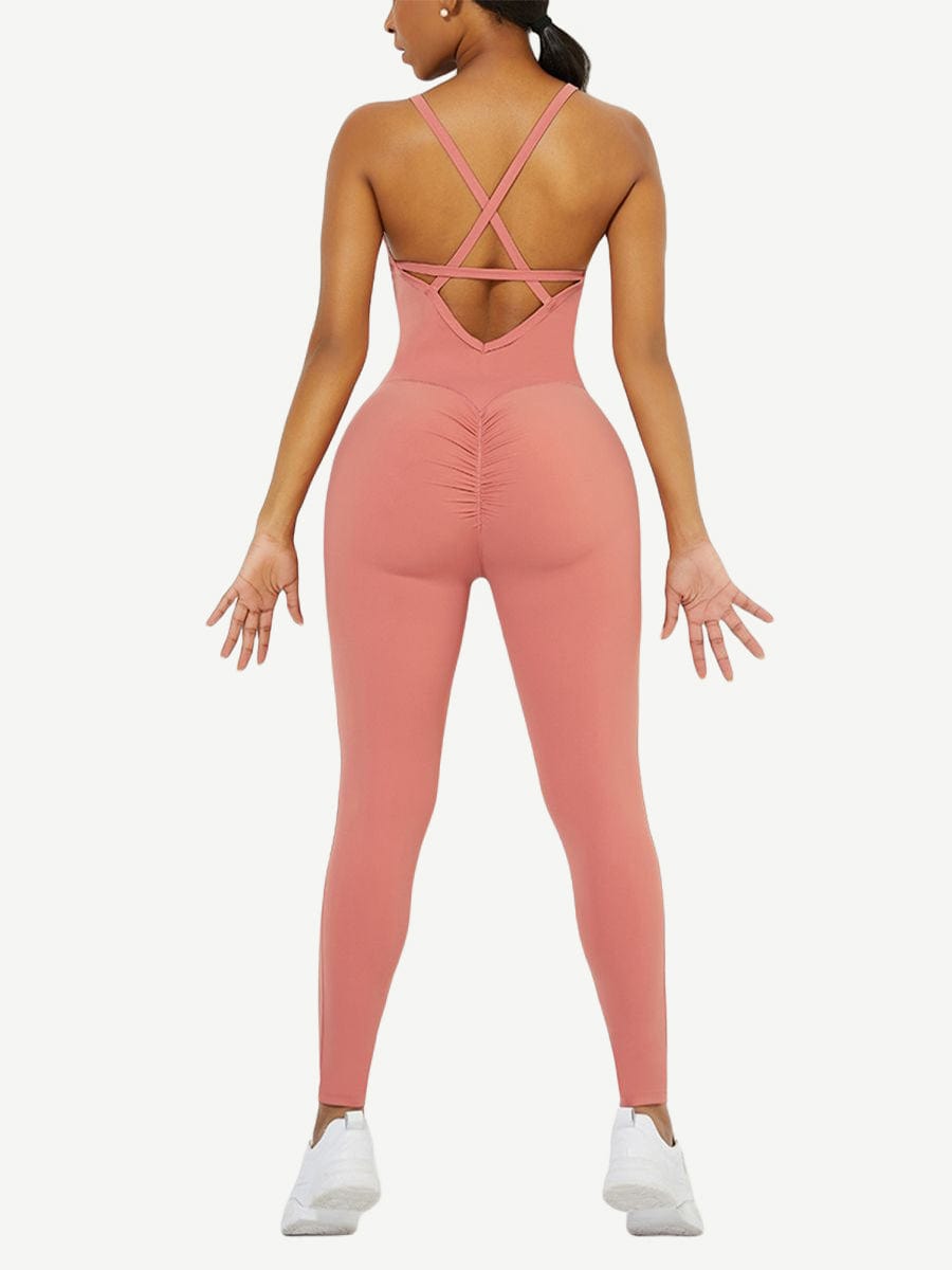 Strappy Back Removable Pads Yoga Workout Bodysuit For Women