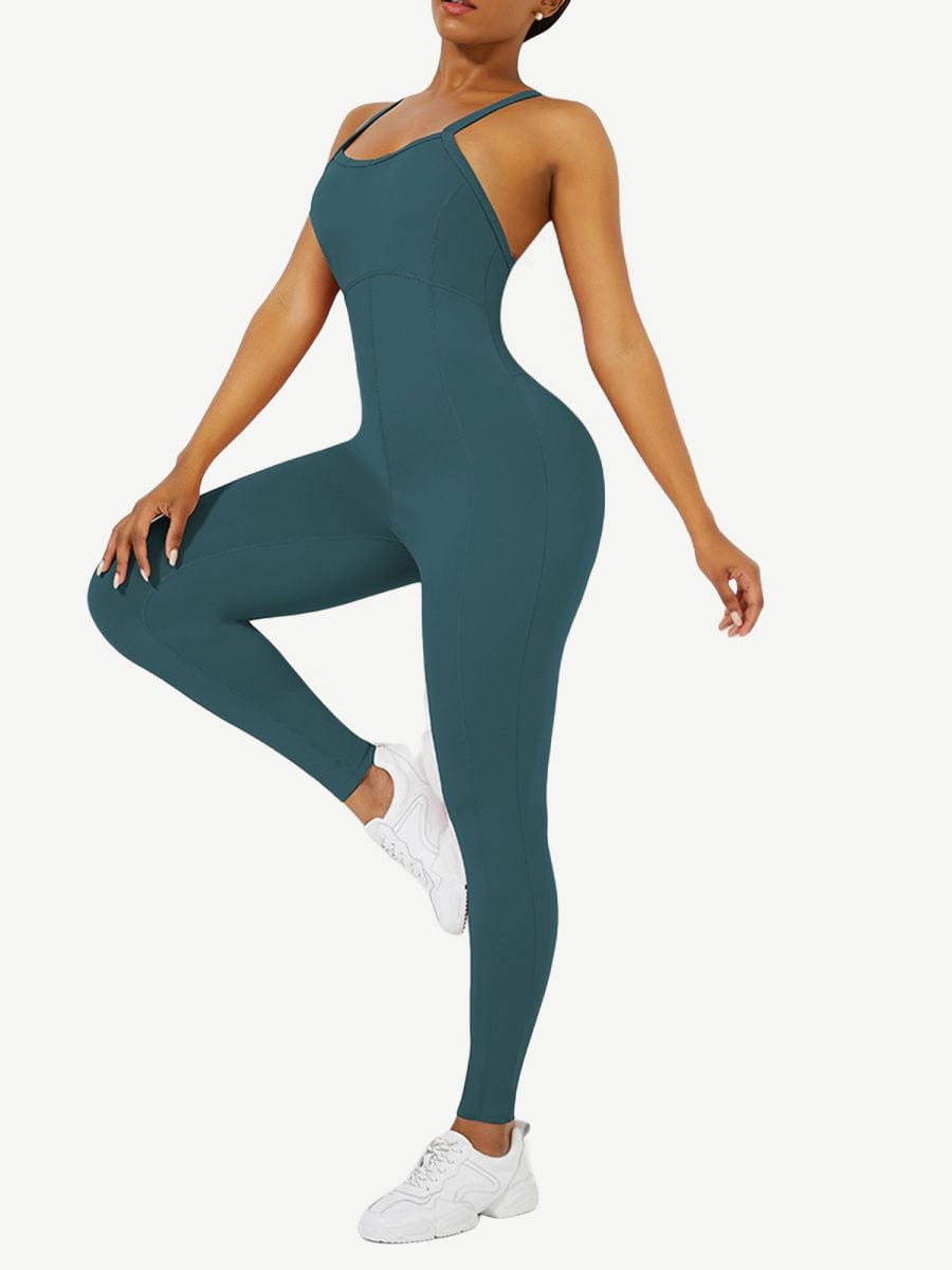 Strappy Back Removable Pads Yoga Workout Bodysuit For Women
