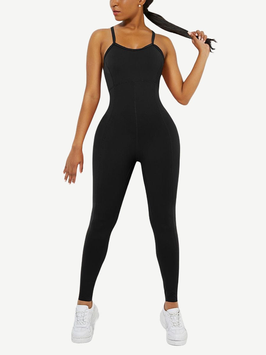 Strappy Back Removable Pads Yoga Workout Bodysuit For Women
