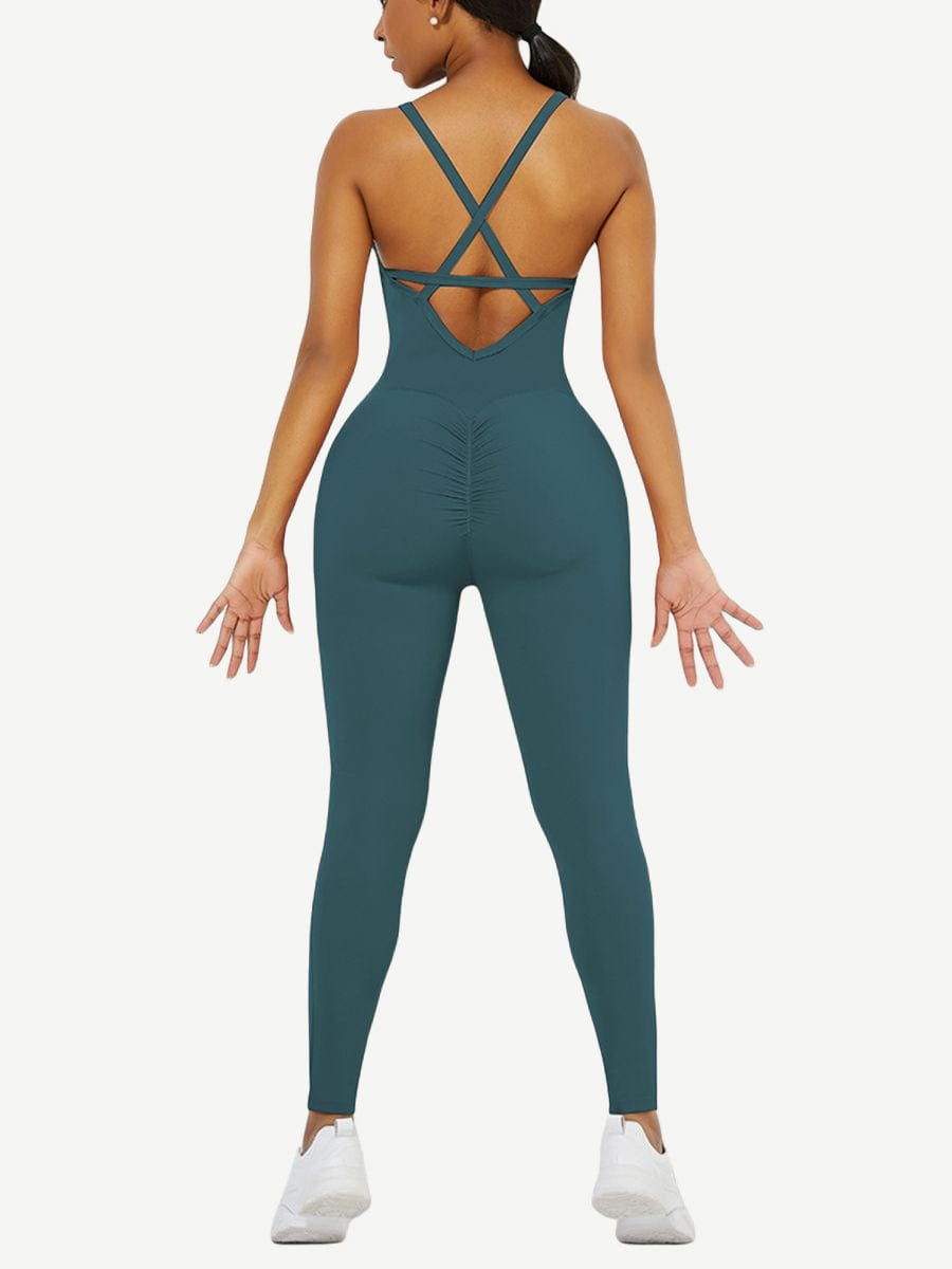 Strappy Back Removable Pads Yoga Workout Bodysuit For Women