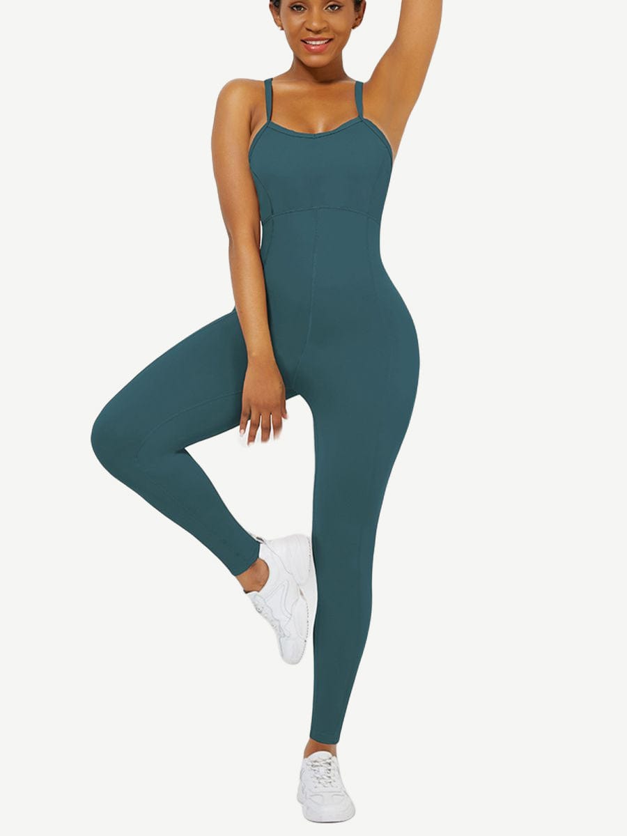 Strappy Back Removable Pads Yoga Workout Bodysuit For Women