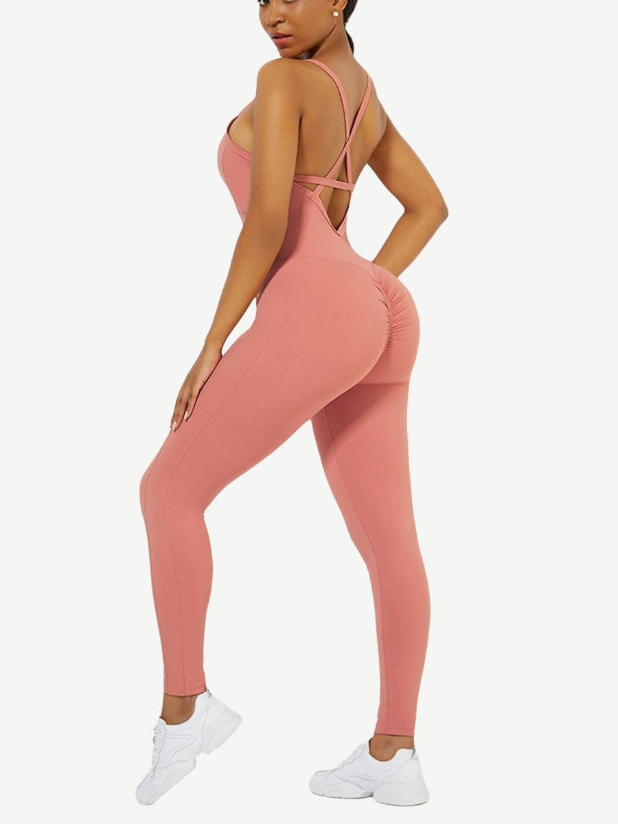 Strappy Back Removable Pads Yoga Workout Bodysuit For Women